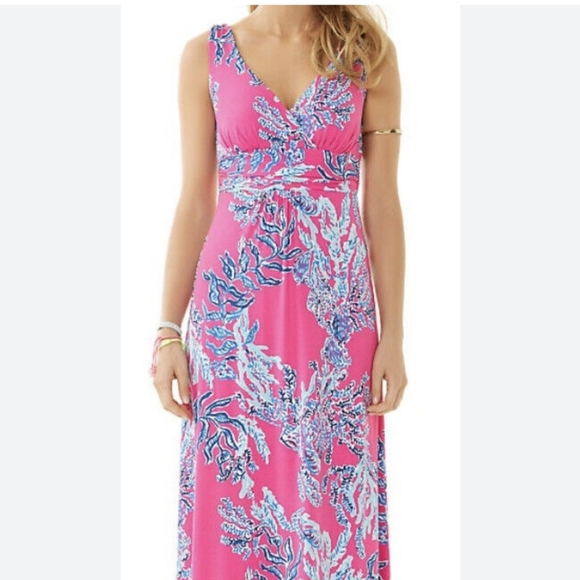 Lilly Pulitzer Pink And Blue Coral Print V Neck Maxi Dress Sz XS - Picture 4 of 9